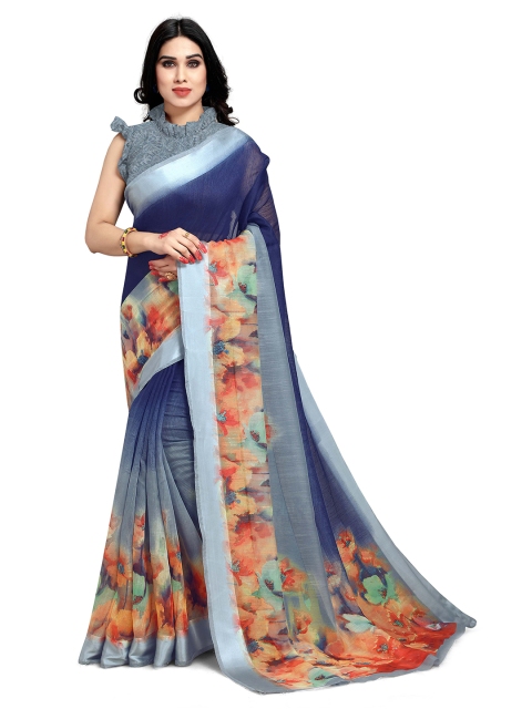 

KALINI Navy Blue & Orange Floral Saree