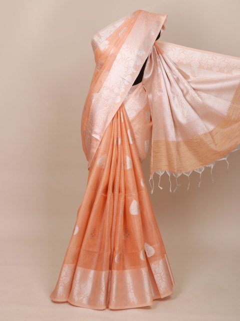 

Pothys Peach-Coloured & Silver-Toned Bandhani Tissue Saree