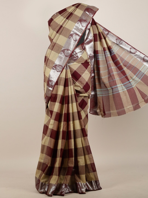 

Pothys Cream-Coloured & Maroon Checked Pure Cotton Saree