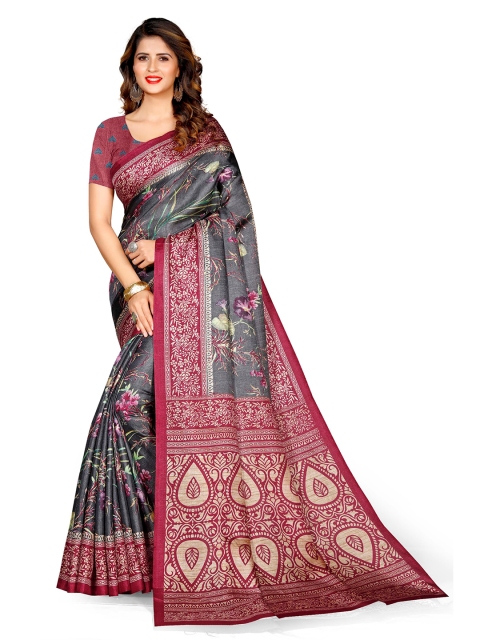 

KALINI Grey & Maroon Floral Art Silk Bagh Saree