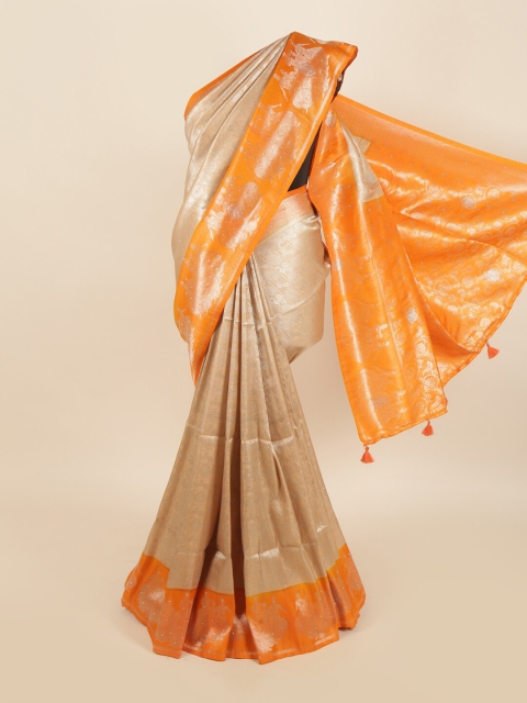 

Pothys Cream-Coloured & Orange Ethnic Motifs Jute Silk Heavy Work Saree