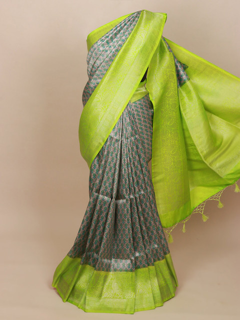 

Pothys Grey & Lime Green Floral Art Silk Banarasi Saree