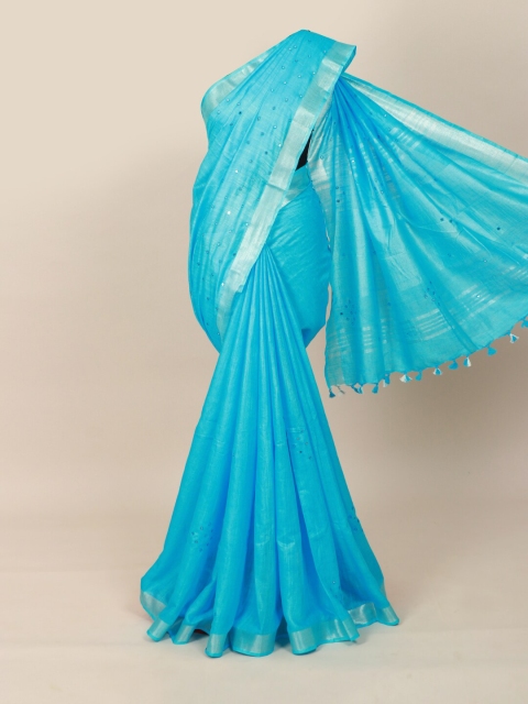

Pothys Blue & Silver-Toned Embellished Linen Blend Saree