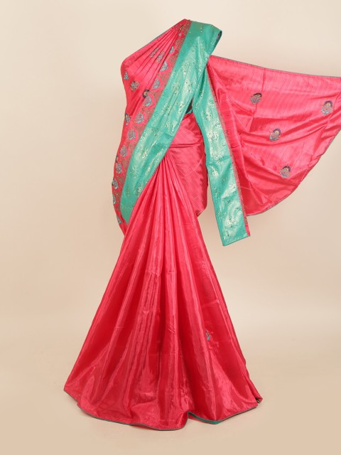 

Pothys Pink & Sea Green Floral Embroidered Jute Silk Saree