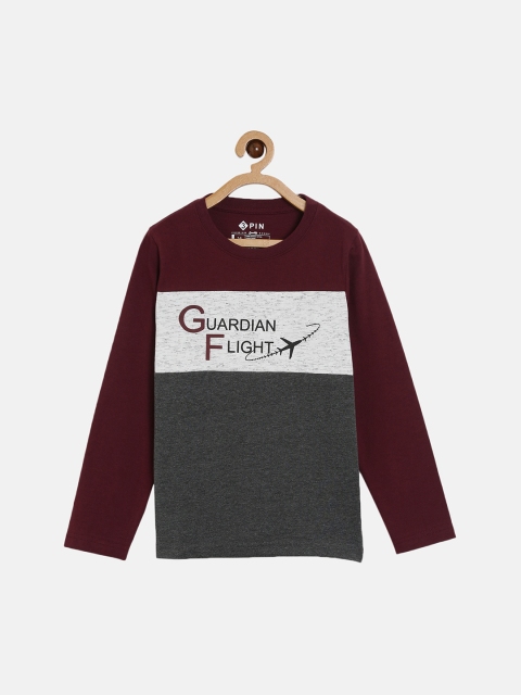 

3PIN Boys Maroon Grey Colourblocked Pure Cotton T-shirt