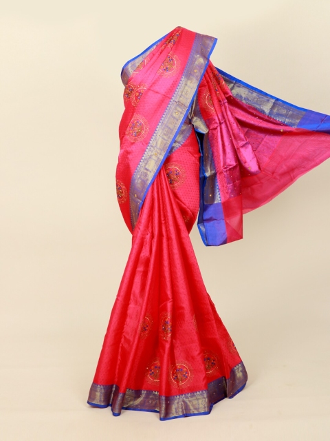 

Pothys Pink & Blue Ethnic Motifs Embroidered Jute Cotton Saree