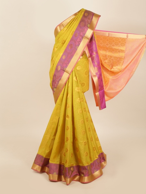

Pothys Green & Pink Floral Zari Silk Blend Saree