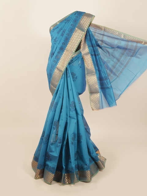 

Pothys Blue & Gold-Toned Floral Zari Silk Cotton Saree