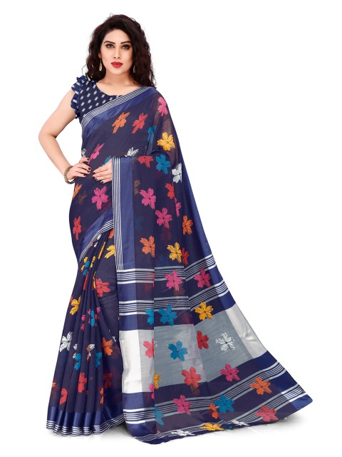 

KALINI Navy Blue & Silver-Toned Floral Bagh Saree