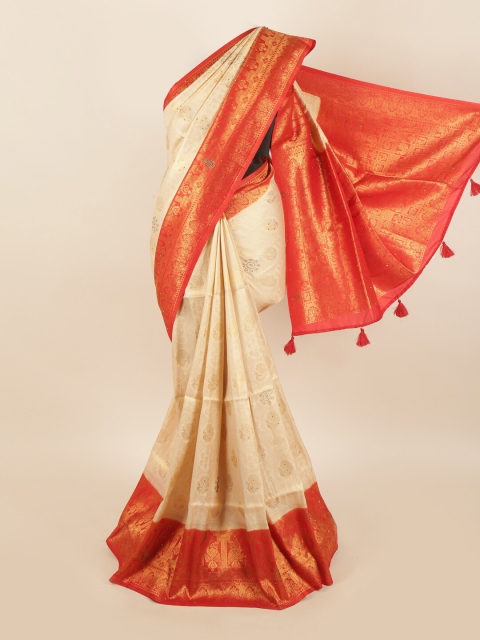 

Pothys Cream-Coloured & Red Ethnic Motifs Beads and Stones Jute Silk Saree