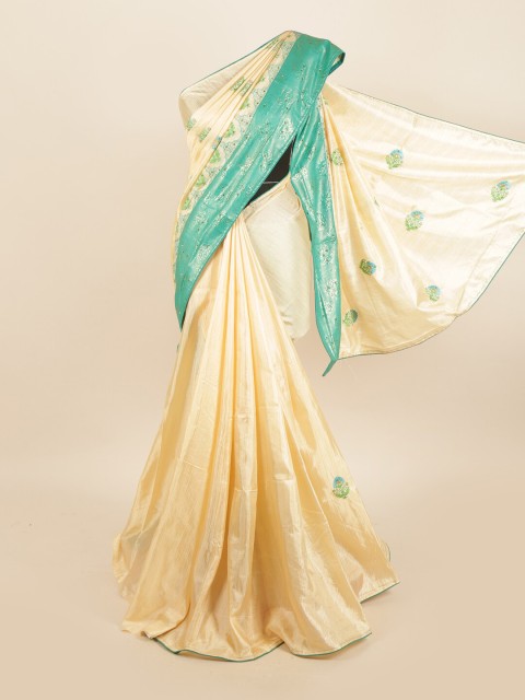 

Pothys Cream-Coloured & Green Floral Beads and Stones Jute Silk Saree