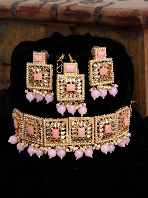 

Shining Diva Gold-Plated White & Pink Kundan-Studded Beaded Jewellery Set