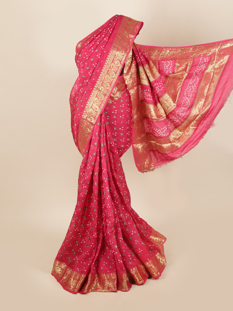 

Pothys Pink & Gold-Toned Bandhani Zari Art Silk Saree