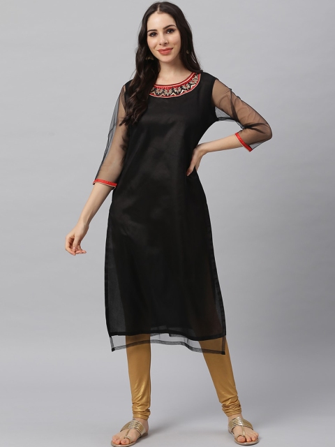 

Shakumbhari Women Black Yoke Design Thread Work Kurta