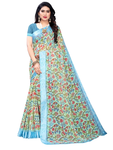 

KALINI Green & Blue Floral Printed Pure Linen Saree