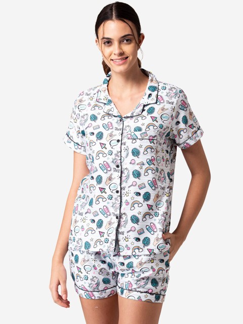 

Bellofox Women White & Multi Conversational Printed Night Suit
