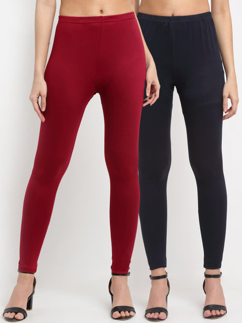 

NEUDIS Women Pack Of 2 Solid Ankle-Length Leggings, Maroon