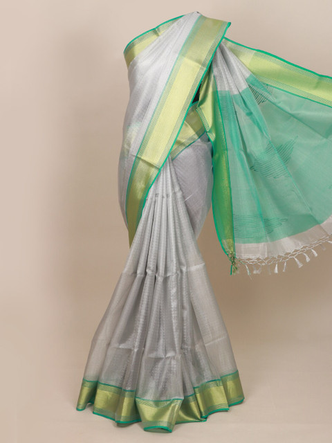 

Pothys Silver-Toned & Sea Green Woven Design Zari Tissue Saree