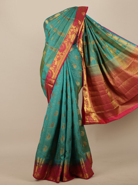 

Pothys Sea Green & Pink Woven Design Jute Silk Saree