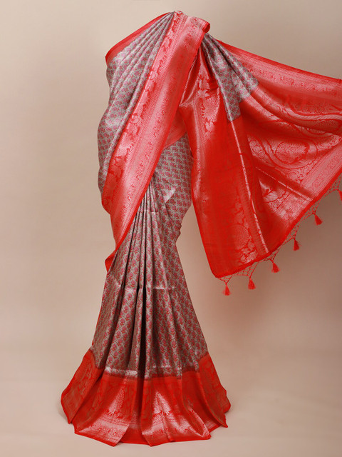 

Pothys Grey & Red Ethnic Motifs Zari Art Silk Banarasi Saree