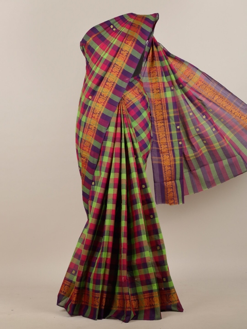 

Pothys Green & Purple Checked Zari Pure Cotton Saree