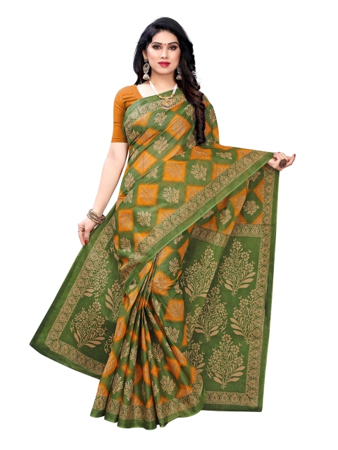 

KALINI Green & Yellow Floral Pure Cotton Saree