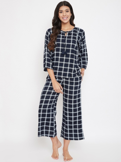 

Clovia Women Blue & White Checked Night Suit