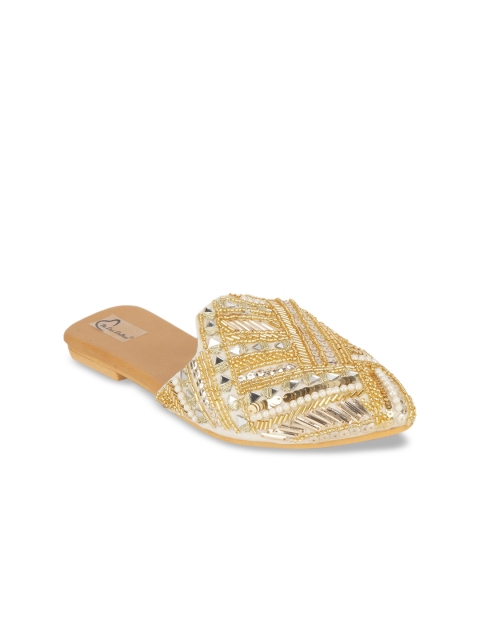 

The Desi Dulhan Women Gold-Toned Embellished Leather Ethnic Mules Flats