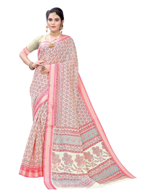 

KALINI Cream-Coloured & Pink Ethnic Motifs Pure Cotton Saree