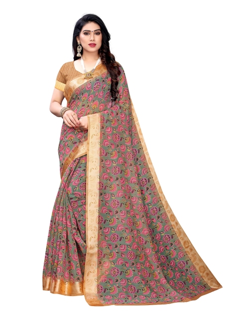 

KALINI Grey & Pink Floral Zari Pure Linen Saree