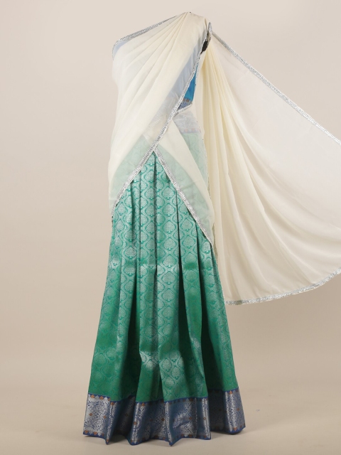 

Pothys Cream-Coloured & Green Ethnic Motifs Woven Design Half Saree