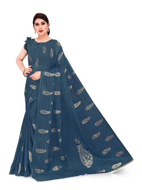 

KALINI Navy Blue & Gold-Toned Paisley Supernet Kota Saree