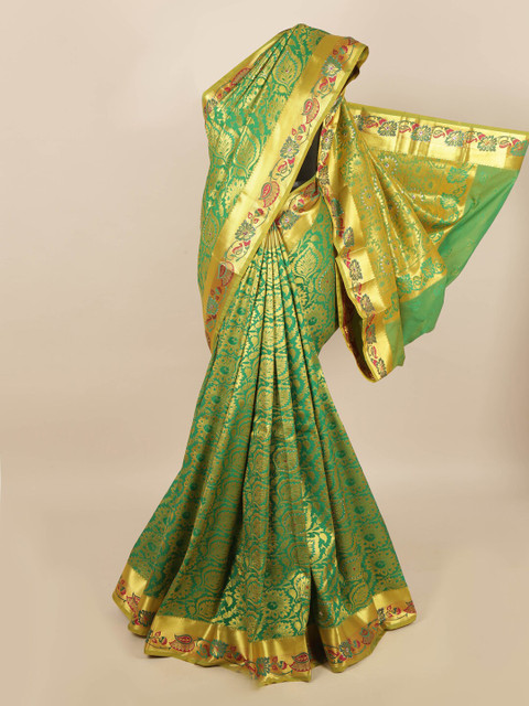 

Pothys Green & Gold-Toned Floral Zari Silk Blend Saree