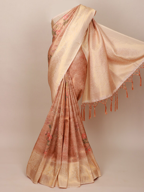 

Pothys Peach-Coloured & Gold-Toned Floral Art Silk Banarasi Saree