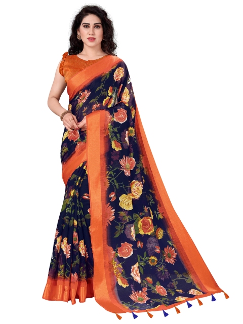 

KALINI Navy Blue & Orange Floral Bagh Saree