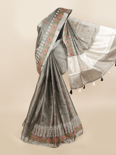 

Pothys Grey & Pink Floral Embroidered Tissue Saree