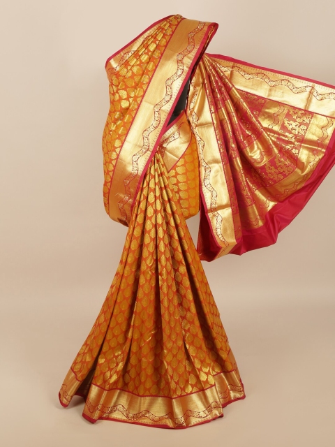 

Pothys Orange & Red Floral Zari Silk Blend Saree