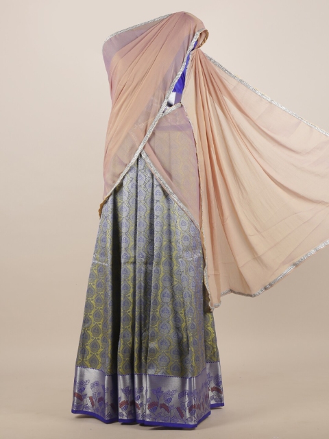 

Pothys Cream-Coloured & Green Woven Design Zari Half Saree