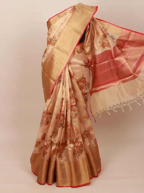 

Pothys Peach-Coloured & Pink Floral Zari Art Silk Banarasi Saree