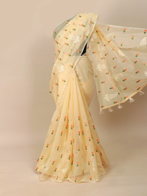 

Pothys Cream-Coloured & Green Floral Embroidered Saree