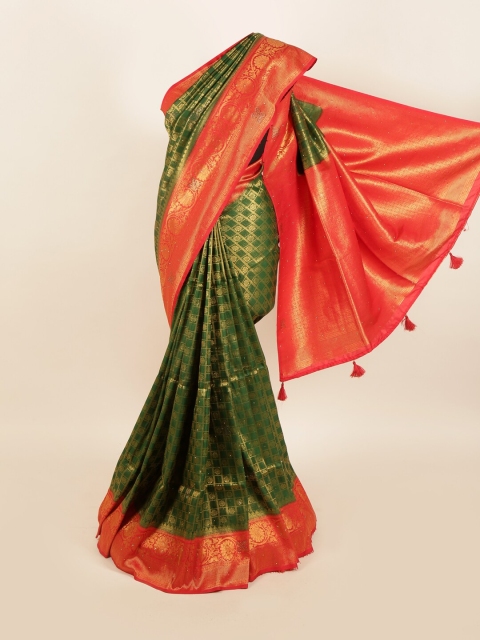 

Pothys Green & Orange Woven Design Beads and Stones Jute Silk Saree