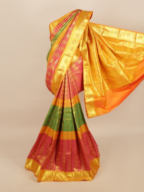

Pothys Pink & Yellow Floral Zari Silk Blend Saree