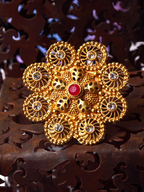 

Shining Diva Gold-Plated & Pink Stone-Studded Traditional Adjustable Finger Ring