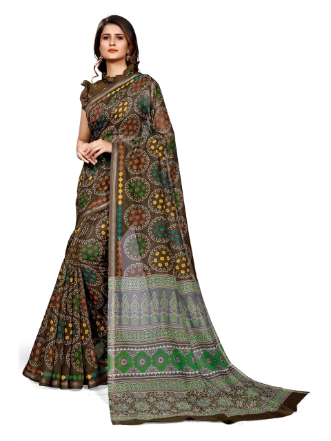 

KALINI Brown & Green Ethnic Motif Bandhani Printed Saree