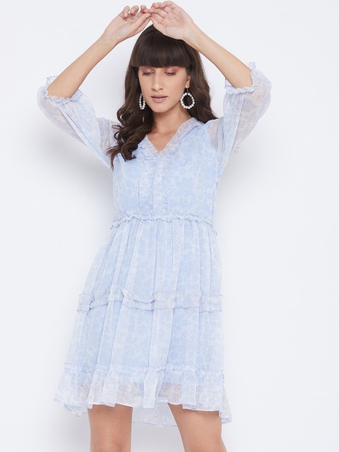 

SECRETS BY ZEROKAATA Women Blue Floral Chiffon Dress