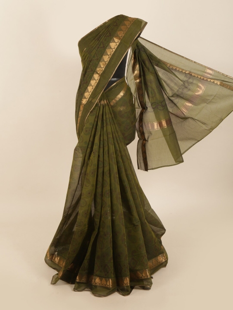 

Pothys Olive Green & Gold-Toned Ethnic Motifs Silk Cotton Saree