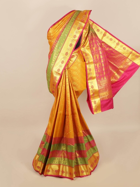 

Pothys Mustard & Pink Floral Zari Silk Blend Saree