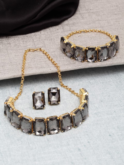 

Shining Diva Gold-Plated & Grey Crystal-Studded Choker Jewellery Set