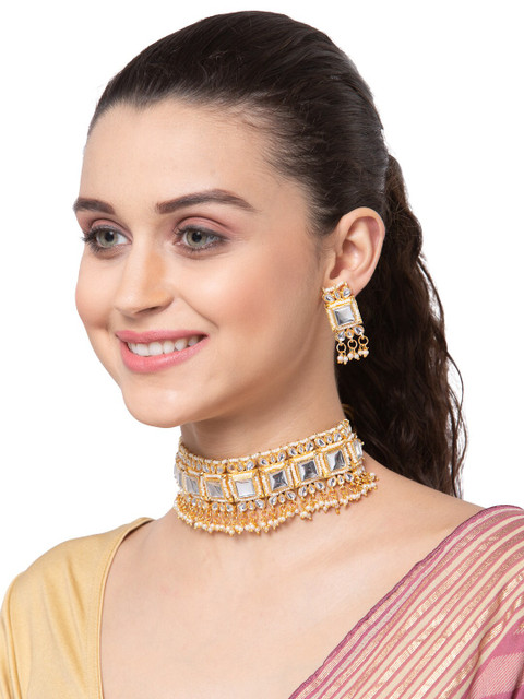 

Shining Diva Gold-Plated & White Kundan Studded Choker Jewellery Set