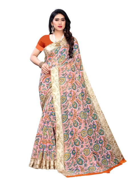 

KALINI Cream-Coloured & Pink Floral Printed Pure Linen Saree
